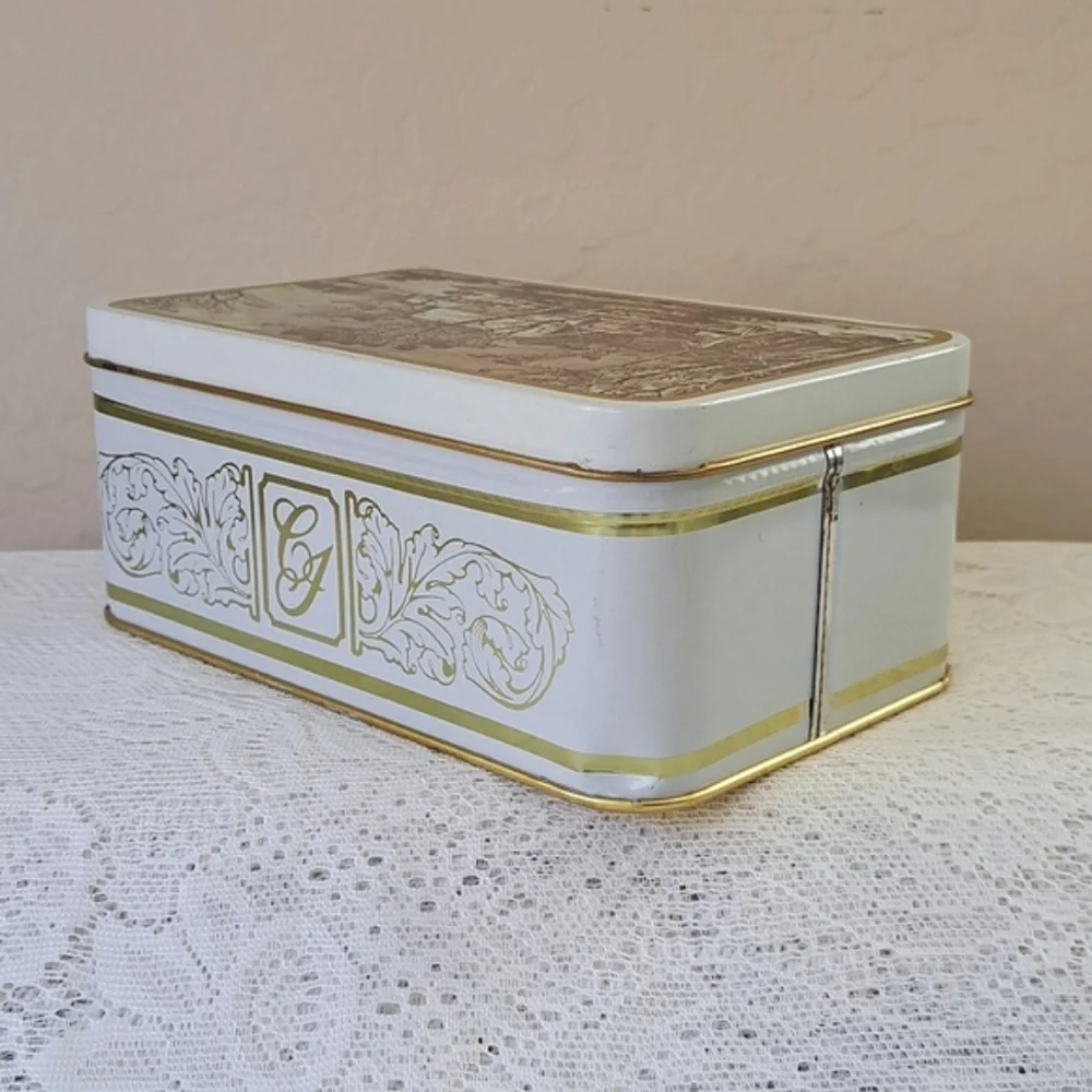 Vtg Currier & Ives The Old Grist Mill Tin Storage Container Box - Tea Cookies
